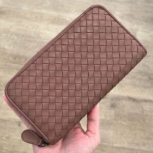 Bottega Veneta Intrecciato Zip Around Long Wallet Leather Weave Mauve Pink
